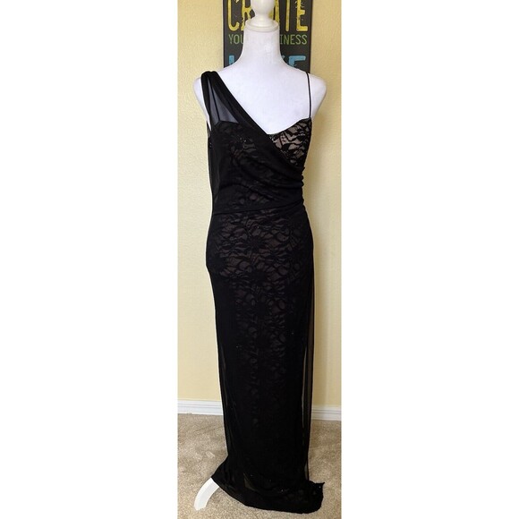 Vtg 90s Jump Apparel Black Sequin Mesh Spaghetti Strap Formal Dress Sz 7/8 - Picture 1 of 10
